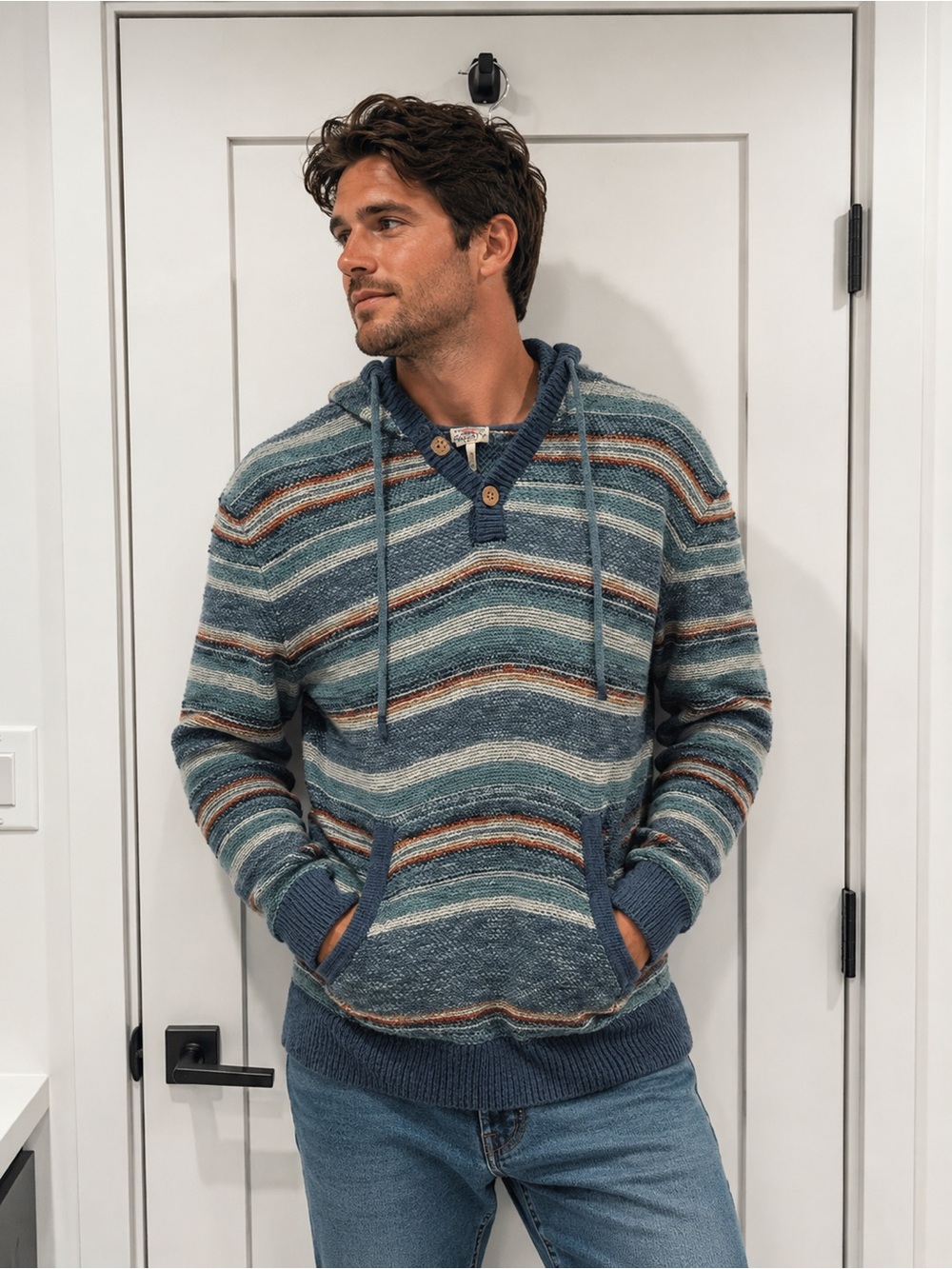 Faherty Cove Beach Hoodie Striped Hooded Crewneck Sweater in Blue and Brown